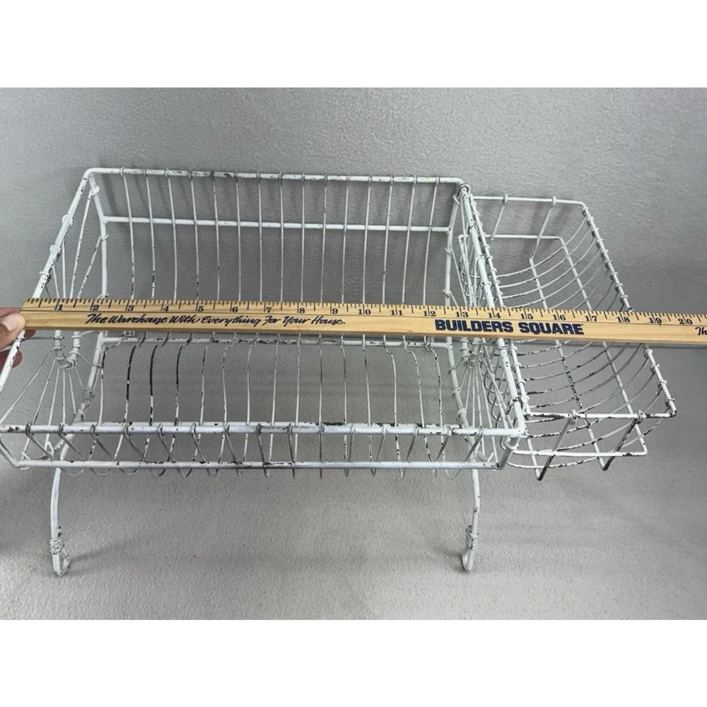 French Style Dish Rack White Wire Metal Farmhouse Counter Drying Rack VTG - Picture 4 of 13